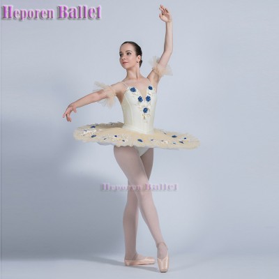 Adult And Kid Champagne High-elastic Fabric Ballet Tutu V-neckline Three-dimensional Lace Suspender Dance Dress For Competition